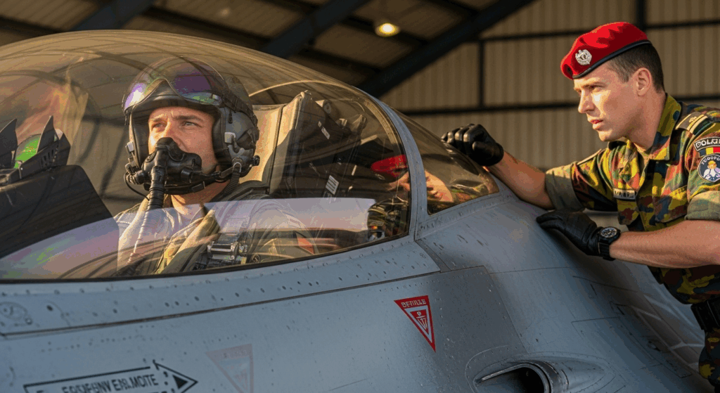 Pilote de chasse de l'armée belge, prêt à décoller