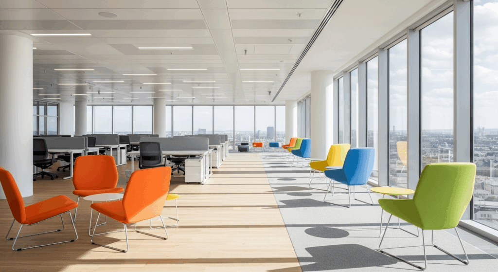 Open space quasi vide avec quelques chaises tournées vers l’extérieur, montrant l’absence et le désengagement latent.