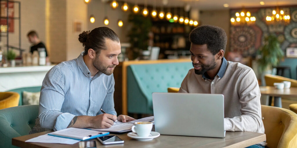 duo de collègues travaillant sur leur reconversion professionnelle